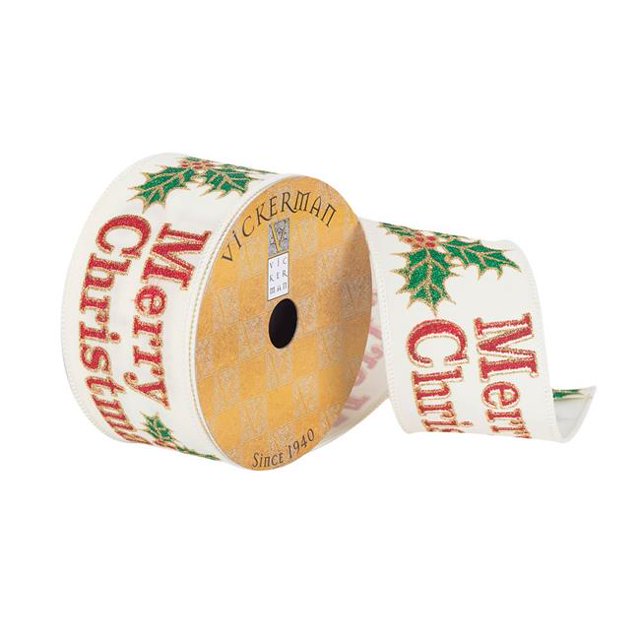 Vickerman Q180656 2.5 in. x 10 Yards Ivory & Red Merry Xmas Typography Ribbon