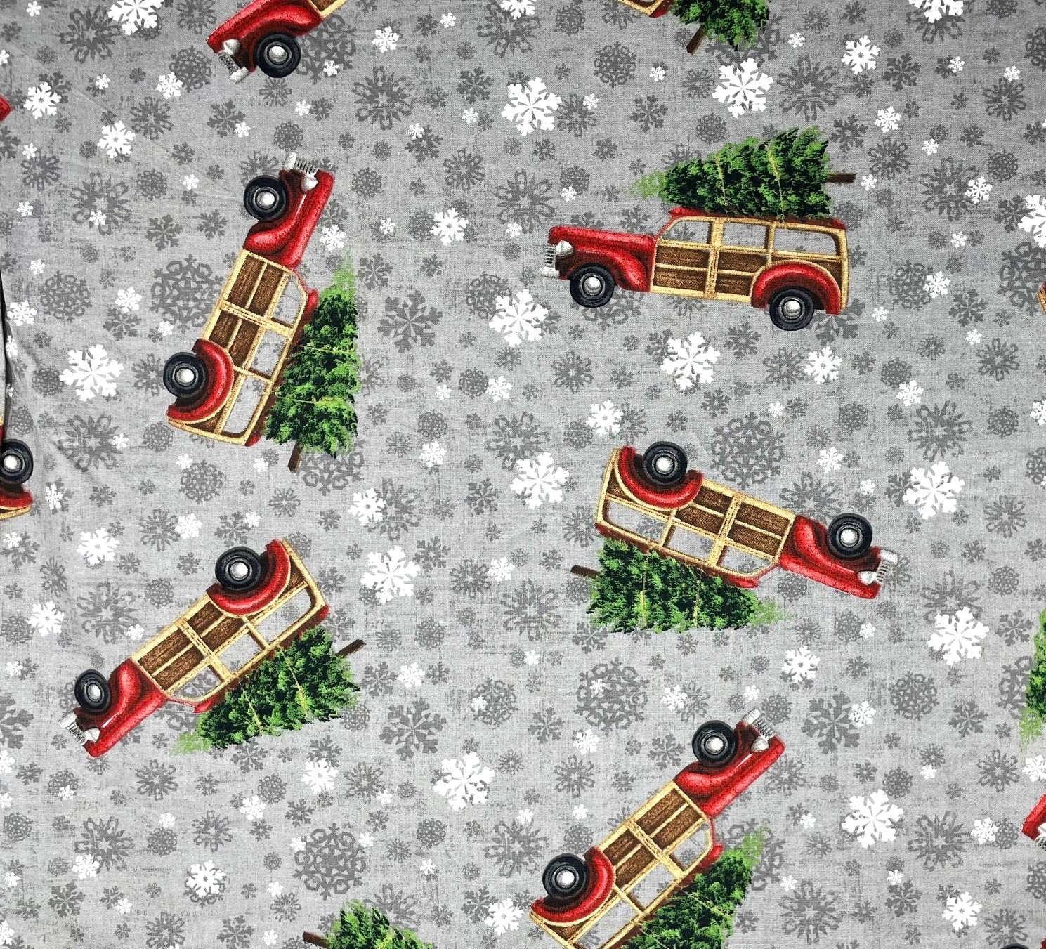 1 Yard - Christmas Tree Woody Station Wagon on Gray Cotton Fabric (Great for Quilting, Sewing, Craft Projects, Throw Pillows & More) 1 Yard X 44" Wide