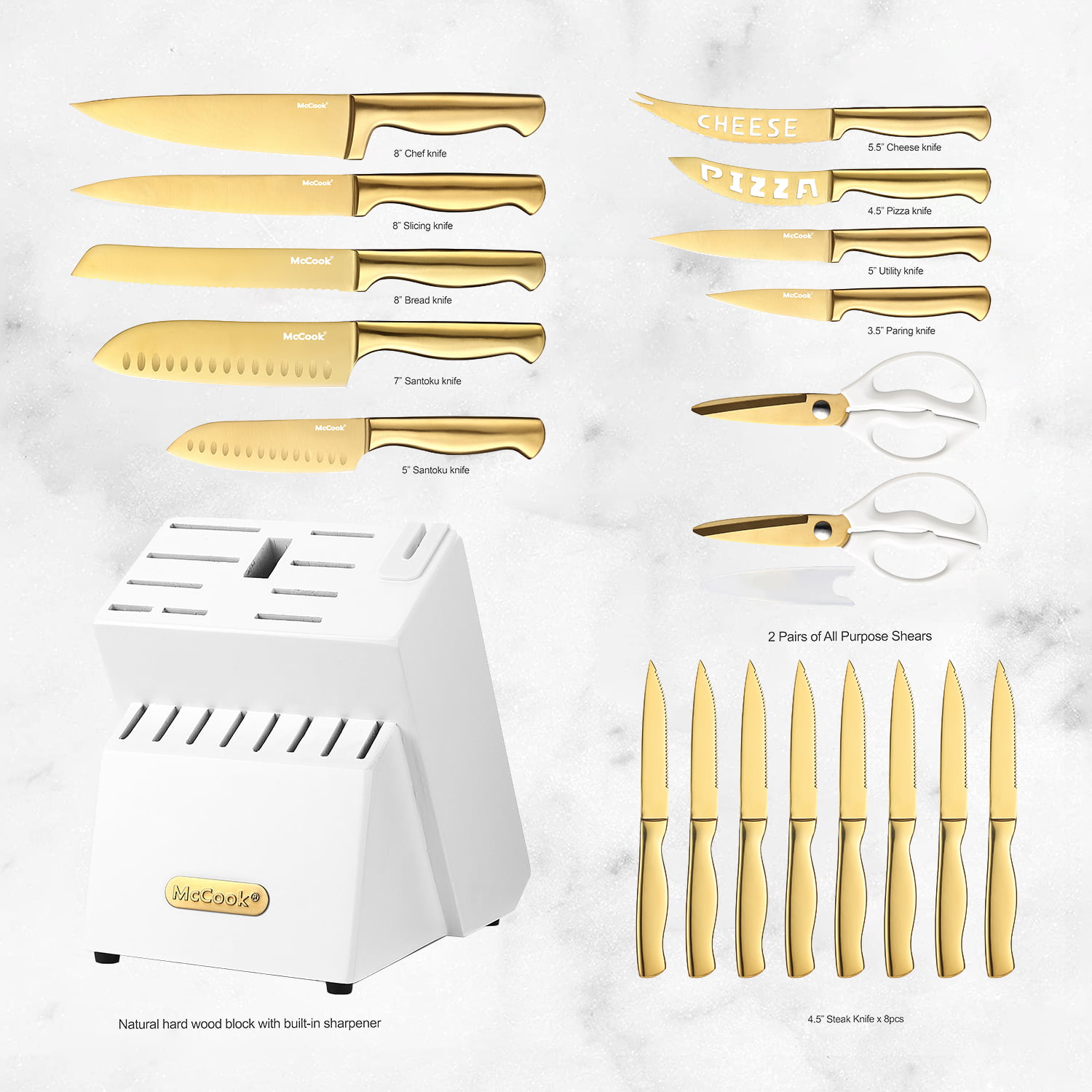 McCook® Knife Sets, Luxury Golden Titanium Kitchen Knife Block Sets with  Built-in Sharpener - Wishupon