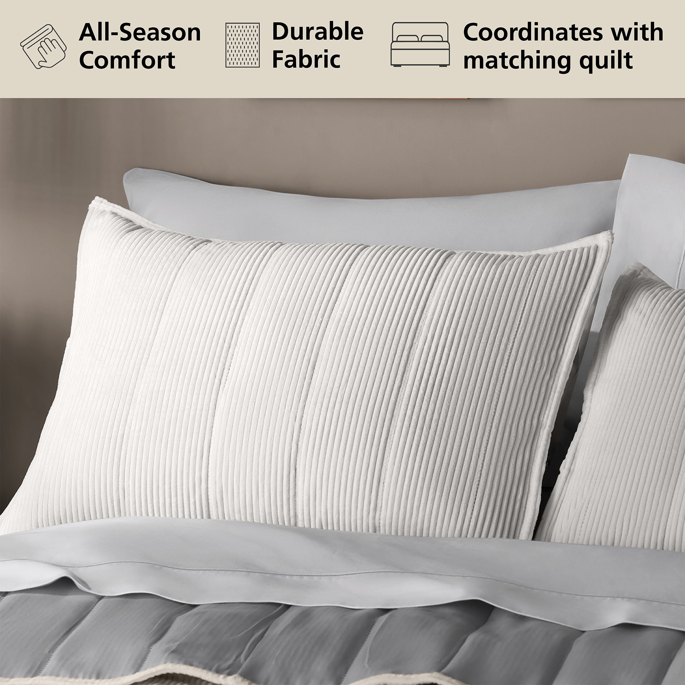 Mainstays Corduroy Pillow Sham, Standard, White, 1 Pack