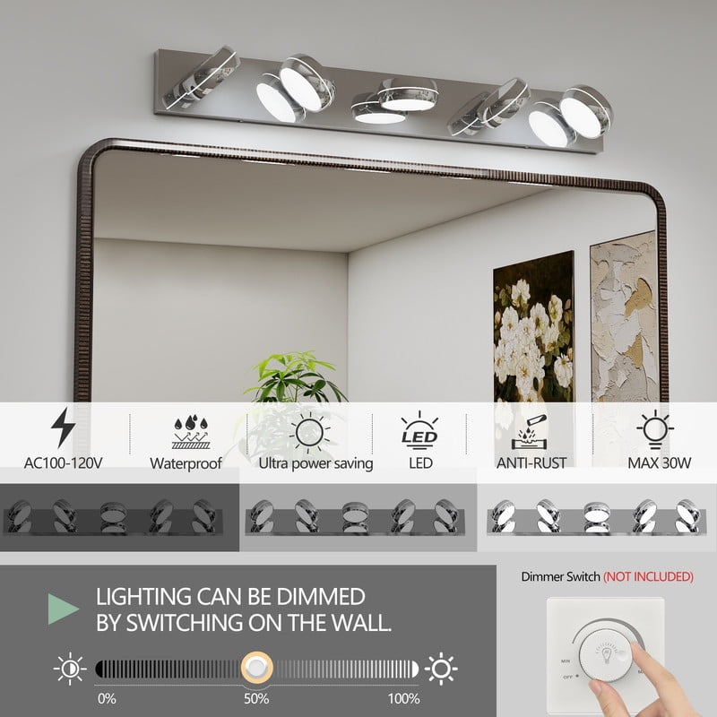 TICOZE 35.4" Modern Chrome LED Vanity Light - 5-Light Bathroom Mirror Fixture, 18W Dimmable Lighting, Touch Control & Water-Resistant Design