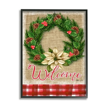 Stupell Home Décor Industries Traditional Welcome Text Cottage Wreath Pinecones Black Framed Design by Sheri Hart