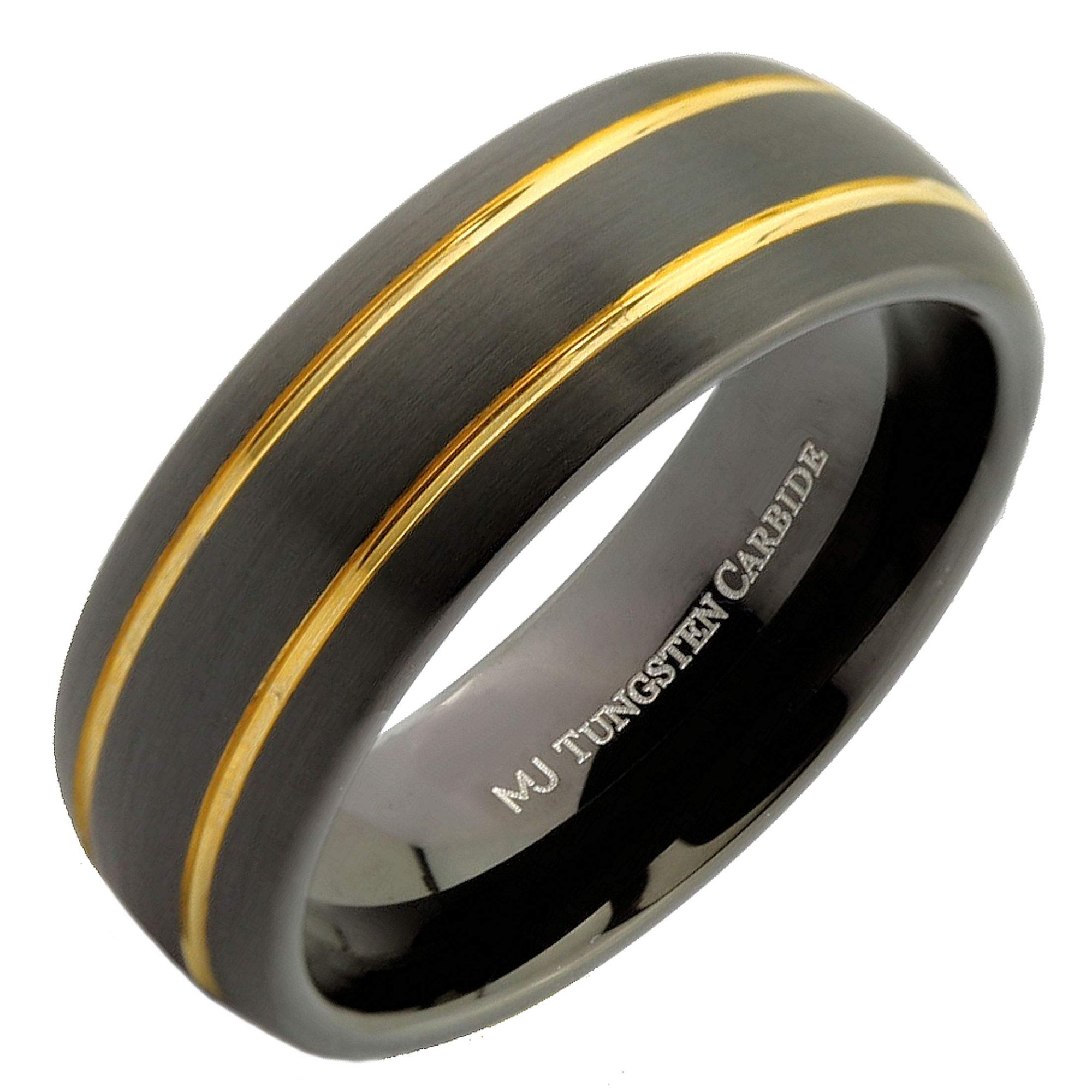 Metals Jewelry Men s / Women s Adult Tungsten Carbide 8mm Wedding Band Black Plated 2 Gold Stripes Ring