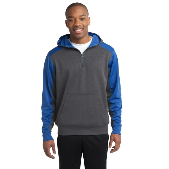 Sport-Tek Tech Fleece Colorblock 1/4 Zip Hooded Sweatshirt-XS (Graphite Heather/ True Royal)