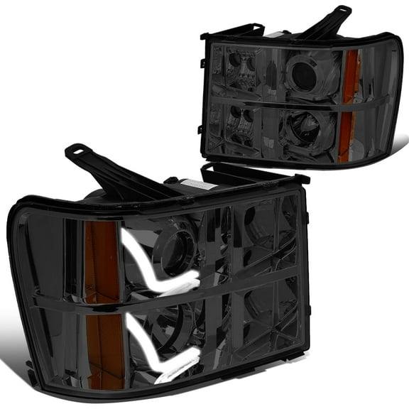DNA Motoring LED DRL Projector Headlight Lamps for 2007-2014 GMC Sierra Pickup, Smoked/Amber