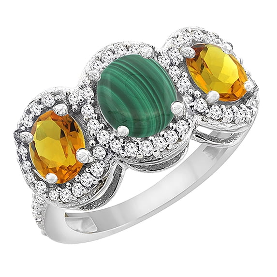 10K White Gold Natural Malachite & Citrine 3-Stone Ring Oval Diamond Accent, size 9