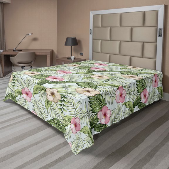 Ambesonne Exotic Flat Sheet, Tropical Pinkish Flowers, King Size, Multicolor