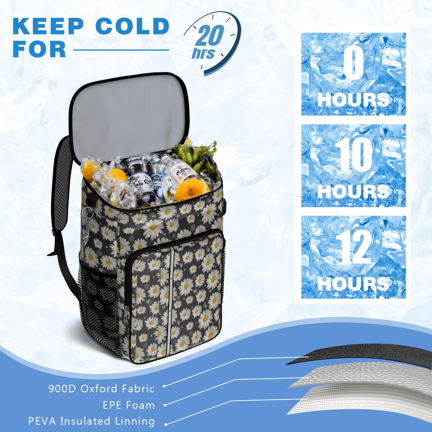 Travel Cooler Bag - Black Sunflower Camping Beer Cooler Backpack with Bottle Opener- Waterproof Insulated Picnic Backpacks - Cooler Bag for Beach