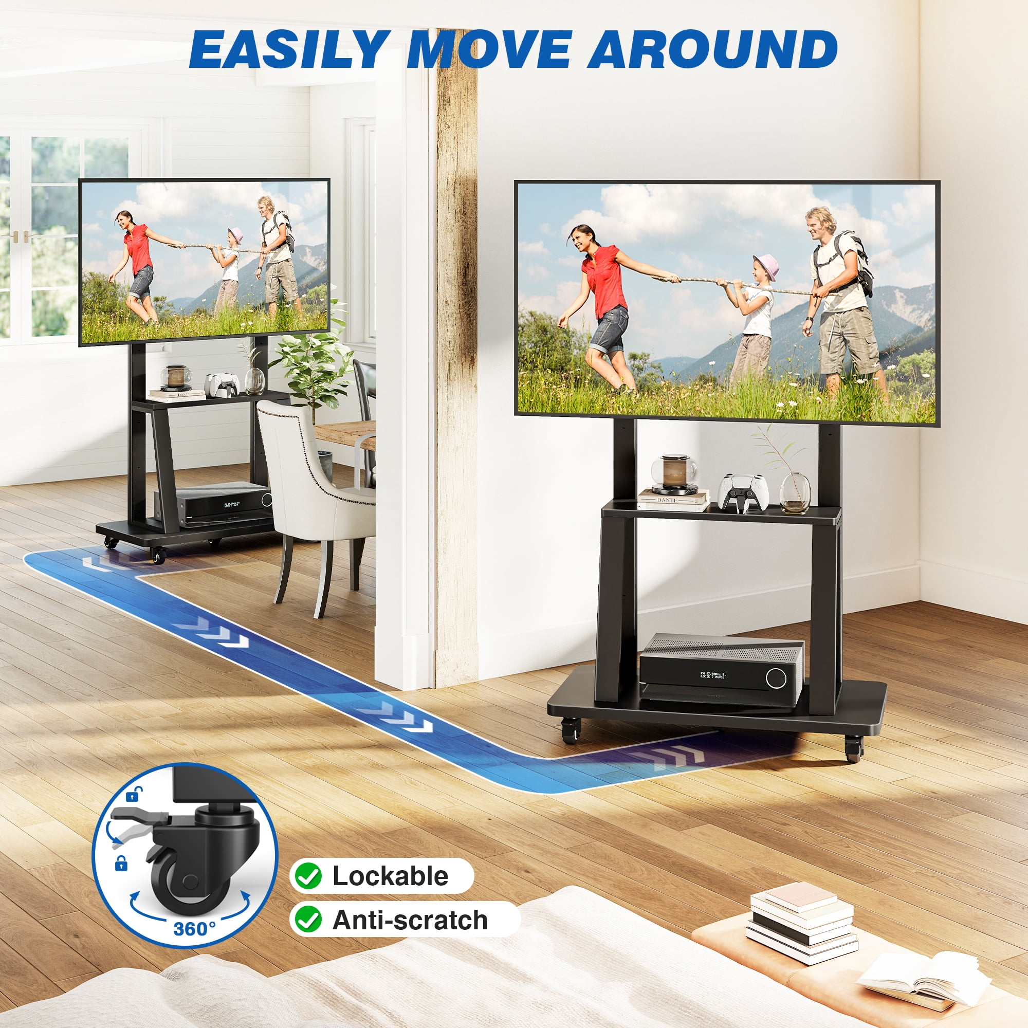 RTVR Rolling TV Cart Stand on Wheels for 40-86 inch TVs with Storage Shelves, Reinforced Wide Base up to 200lbs, Black