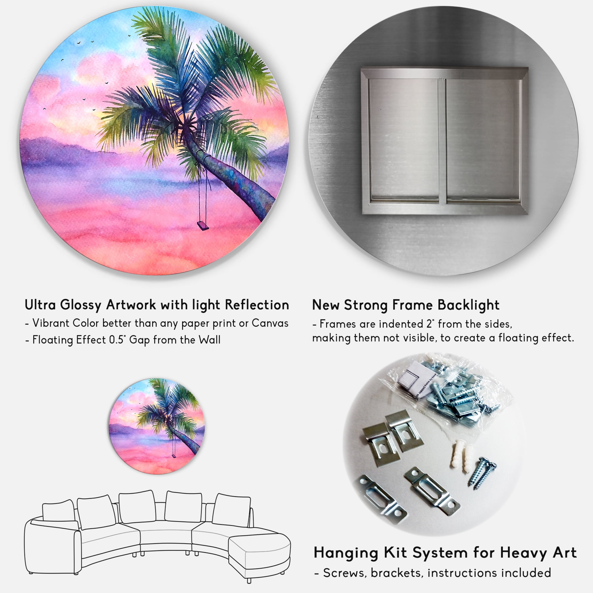Designart 'Vivid Sunset Landscape With Swing and Palm' Nautical & Coastal Circle Metal Wall Art 36x36 - Disc of 36