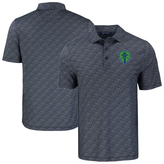 Men's-Cutter & Buck Black Seattle Sounders FC Pike Eco Pebble Print Stretch Recycled Polo