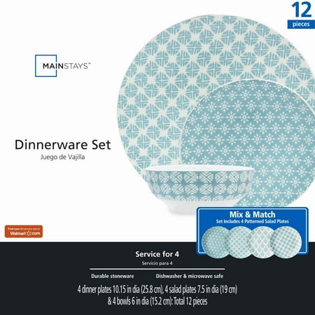 Mainstays Stoneware Aqua Ocean Print Dinnerware Set, 12 Piece
