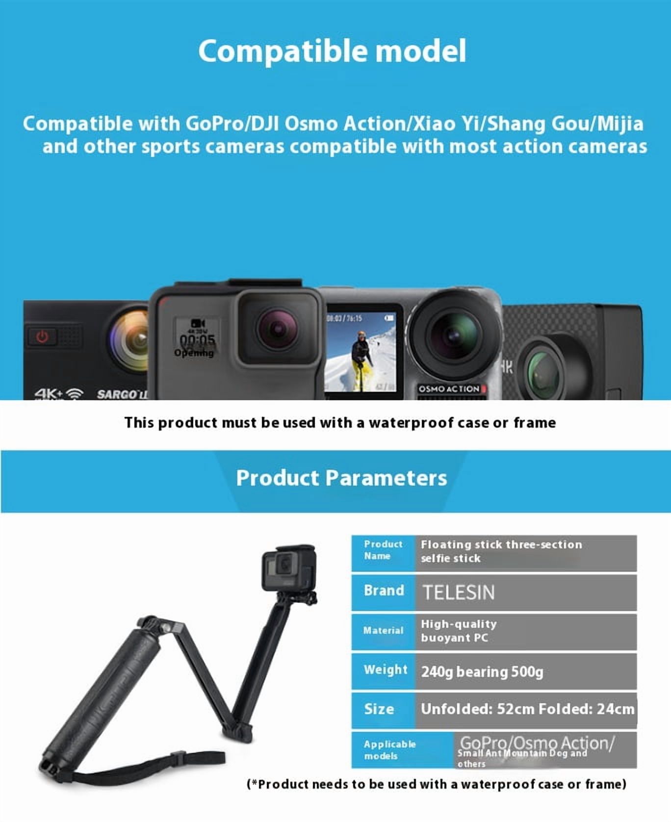 Three-Way Action Camera Grip Tripod Pole - Bigcan Multifunction Selfie Stick with Extension Arm, Waterproof Floating Handle for GoPro Hero 11/10/9, DJI Action 3/4, POV Shots and Travel Vlogging