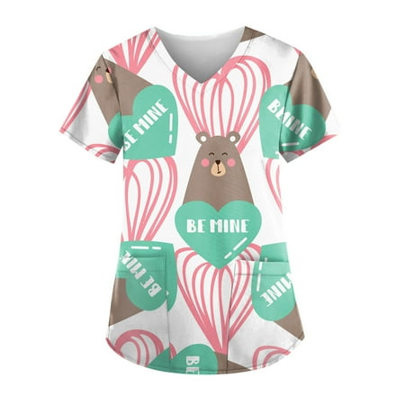 

XHJUN Womens Scrub Tops 3xl Heart Print Valentines Day Fun Scrubs Cartoon Print Casual V-Neck Nurse Trendy Scrubs Mint Green XL