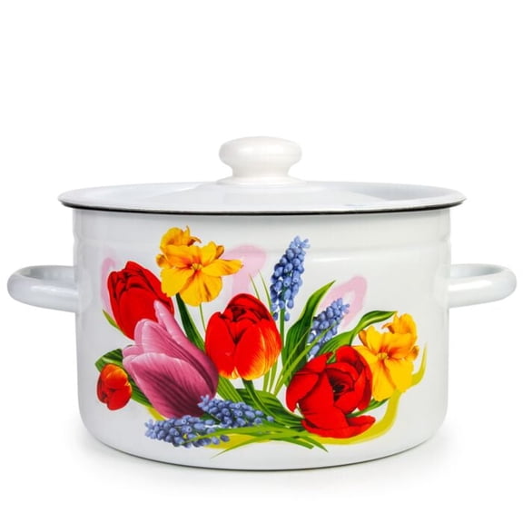 Spring Bouquet Cylindrical Enamel Pot 4.5L – Healthy Hypoallergenic Nonstick Stock Pot – Electric & Induction Safe Cookware