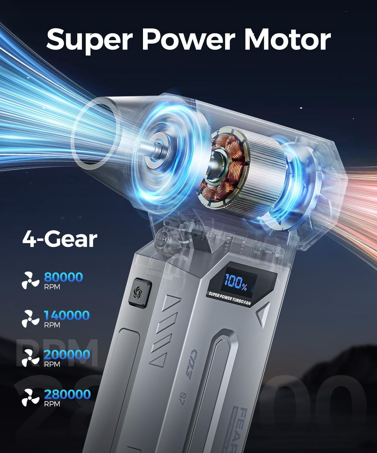 GEYILO Compressed Air Duster 280000 RPM for Electronics, Rechargeable PC Keyboard Cleaner, 4 Speeds