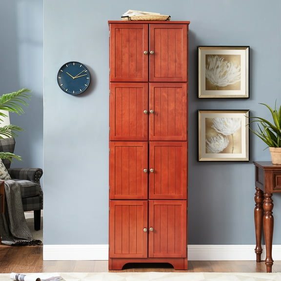 Freestanding 8 Doors Storage, 4 Shelves, Cherry, For Home Bathrooms 8-door Cabinet With Ample Conservatories