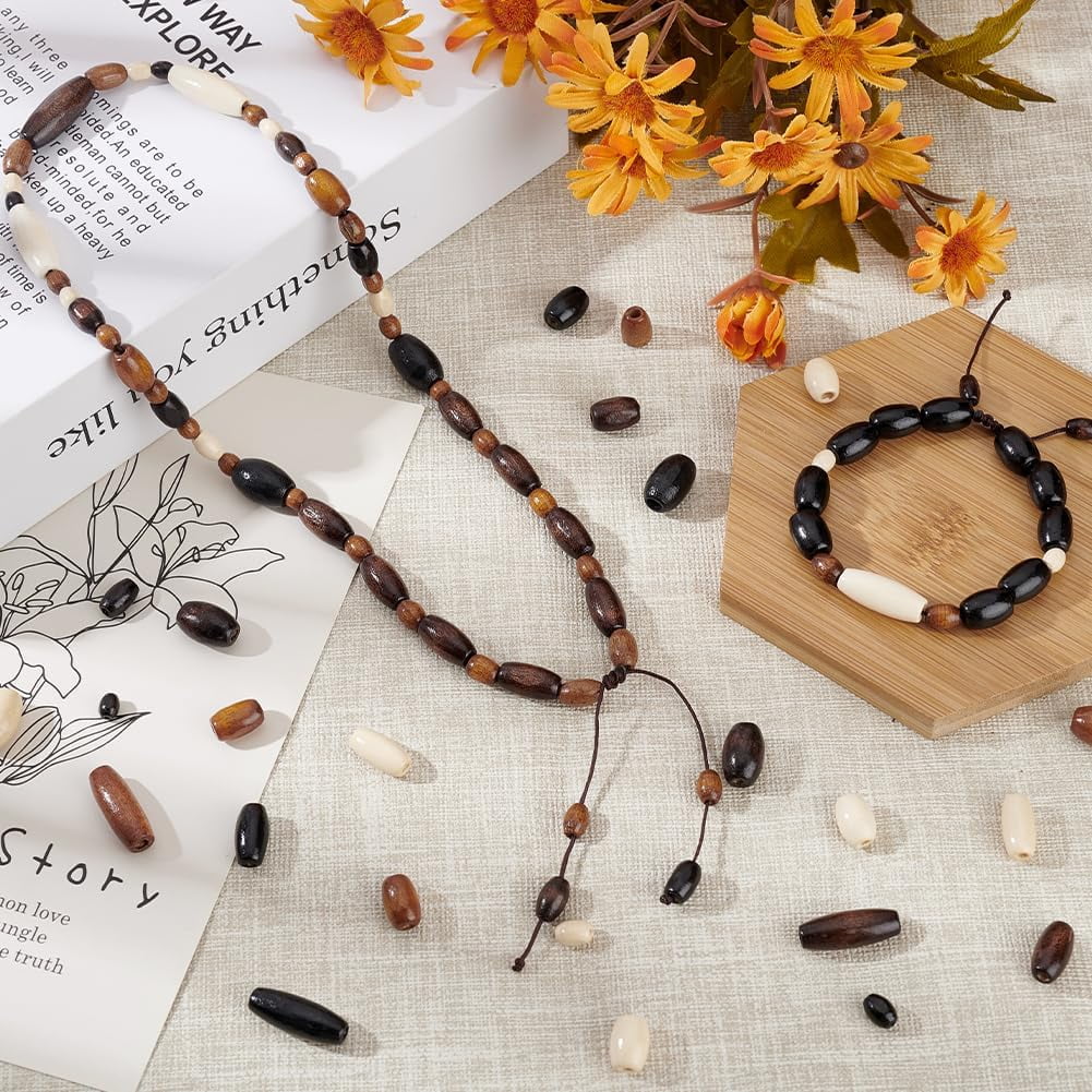 1400Pcs Natural Oval Wood Beads 7 Sizes 4 Colors Wooden Spacer Beads Tiny Oval Wooden Tube Beads Loose Beads