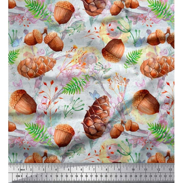 Soimoi White Rayon Crepe Fabric Apricot & Oaknut Fruits Decor Fabric Printed BTY 46 Inch Wide