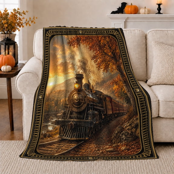 Vintage Steam Locomotive Autumn Journey, Peaceful Woodland Scene, Warm Flannel Blanket for Cabin and Lodge with Detailed Artwork, Art Lovers Father's Day Gift, Artistic Home Decor