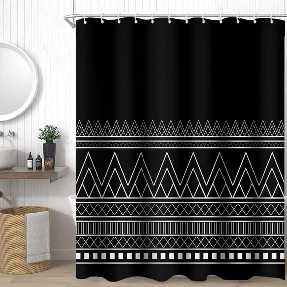Black and White Shower Curtain, Boho Minimalist Black Striped Shower Curtain for Bathroom Modern Farmhouse Geometric Shower Curtain with Hooks, 84x84 Inch