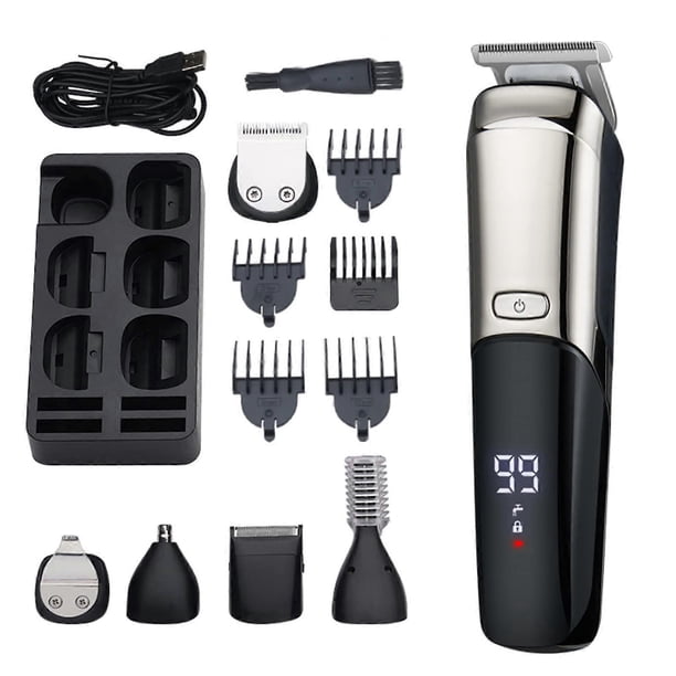 Kit de cortapelos 6 en 1, resistente al agua, recortadora de barba con pantalla LCD, peines guía y recargable por USB.