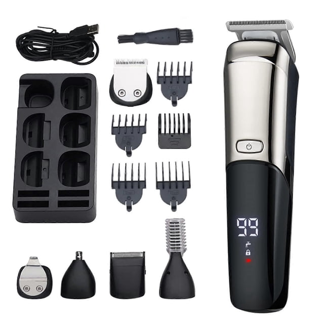 Kit de cortapelos 6 en 1, resistente al agua, recortadora de barba con pantalla LCD, peines guía y recargable por USB.