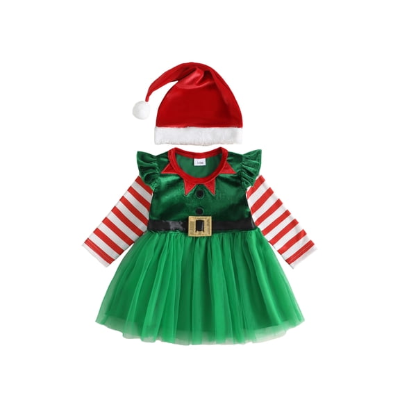 RUINIXCW Toddler Girl Christmas Dress Long Sleeve Tulle Dress Elf Costume with a Hat