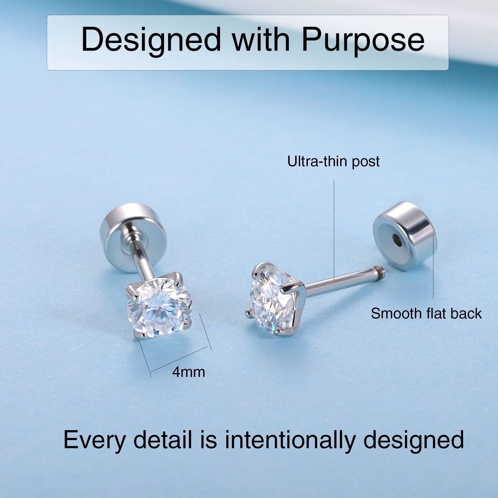 Moissanite Stud Earrings, Implant-Grade Titanium Screw-Back, Single Diamond Design, Unisex, Sparkling, Ideal for New Piercings, 3mm/4mm/5mm