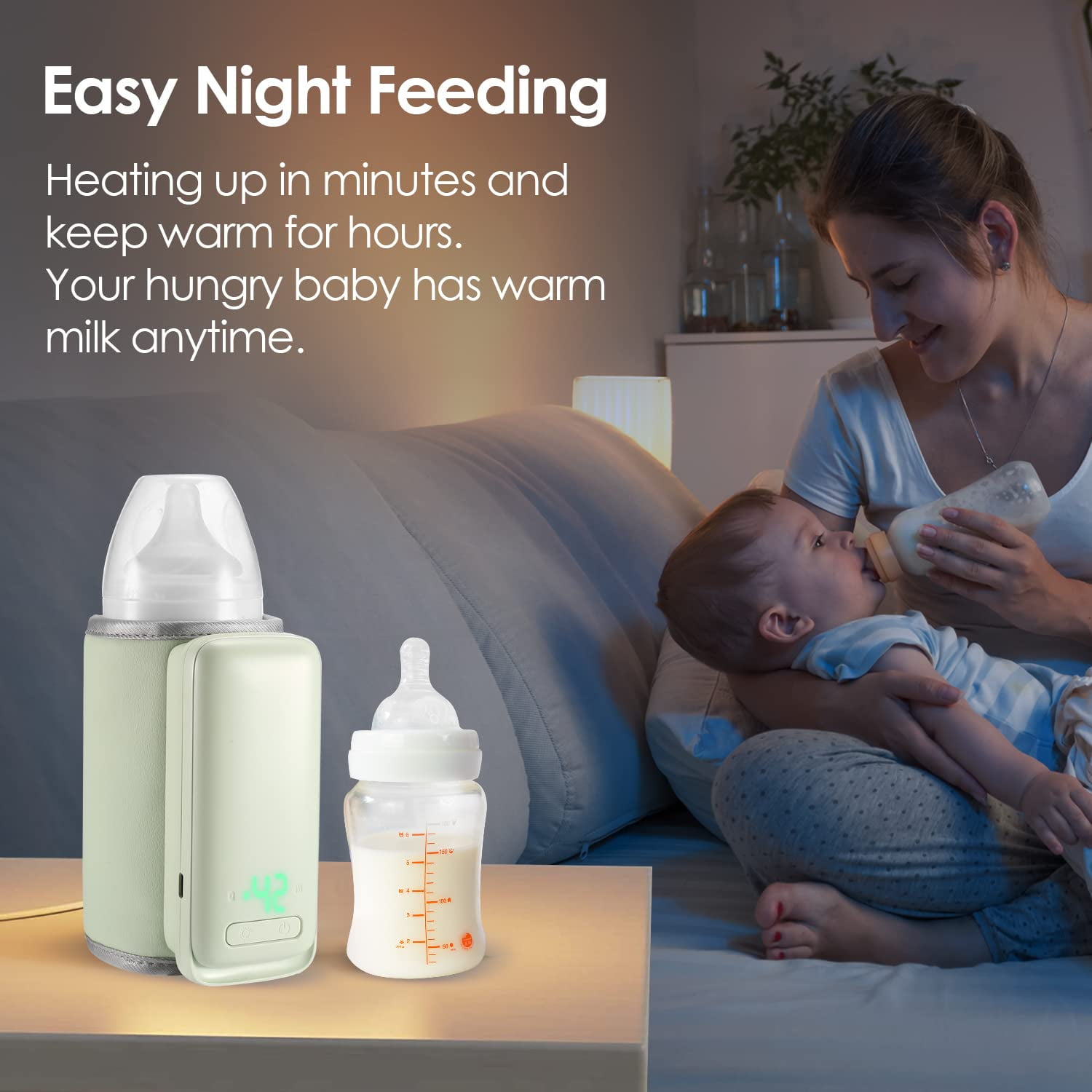 Wiher Wireless Baby Bottle Warmer for Travel, Portable Baby Milk Warmer with Light On The Go Constant Temperature Rechargeable USB Battery-Powered Baby Milk Heating Bag in Car Heaters Thermostat Bag