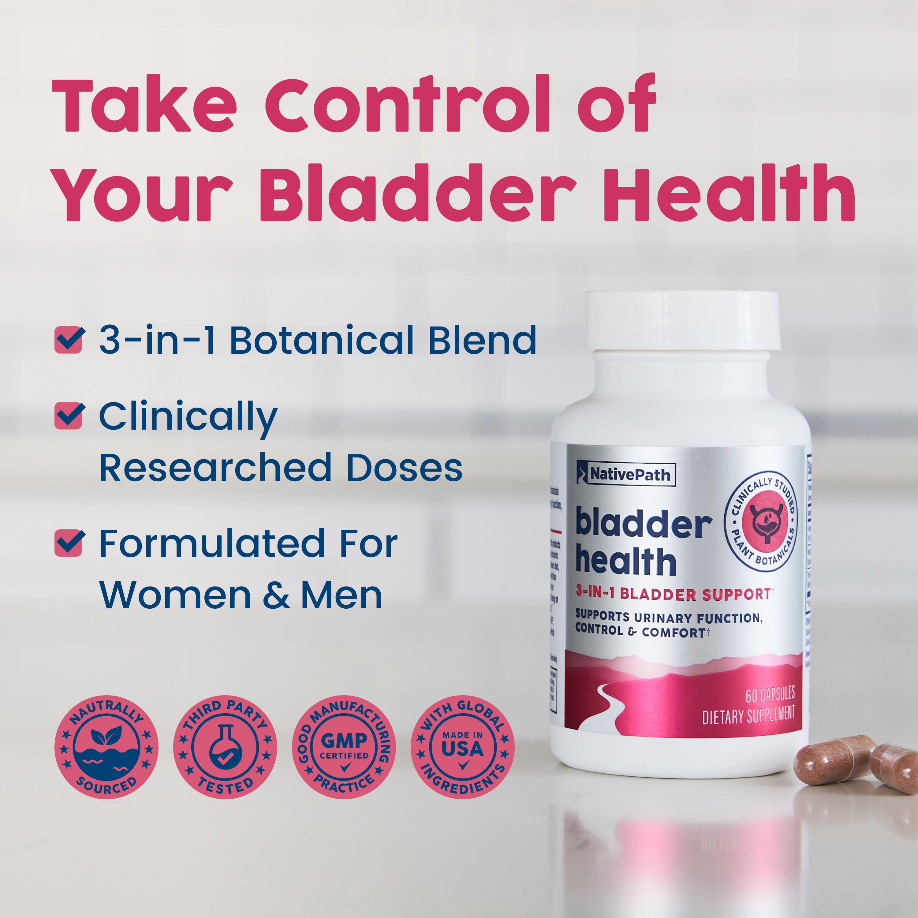 NativePath Bladder Health with Cranberry and Horsetail for Women and Men, Urinary Support, 60 Capsules