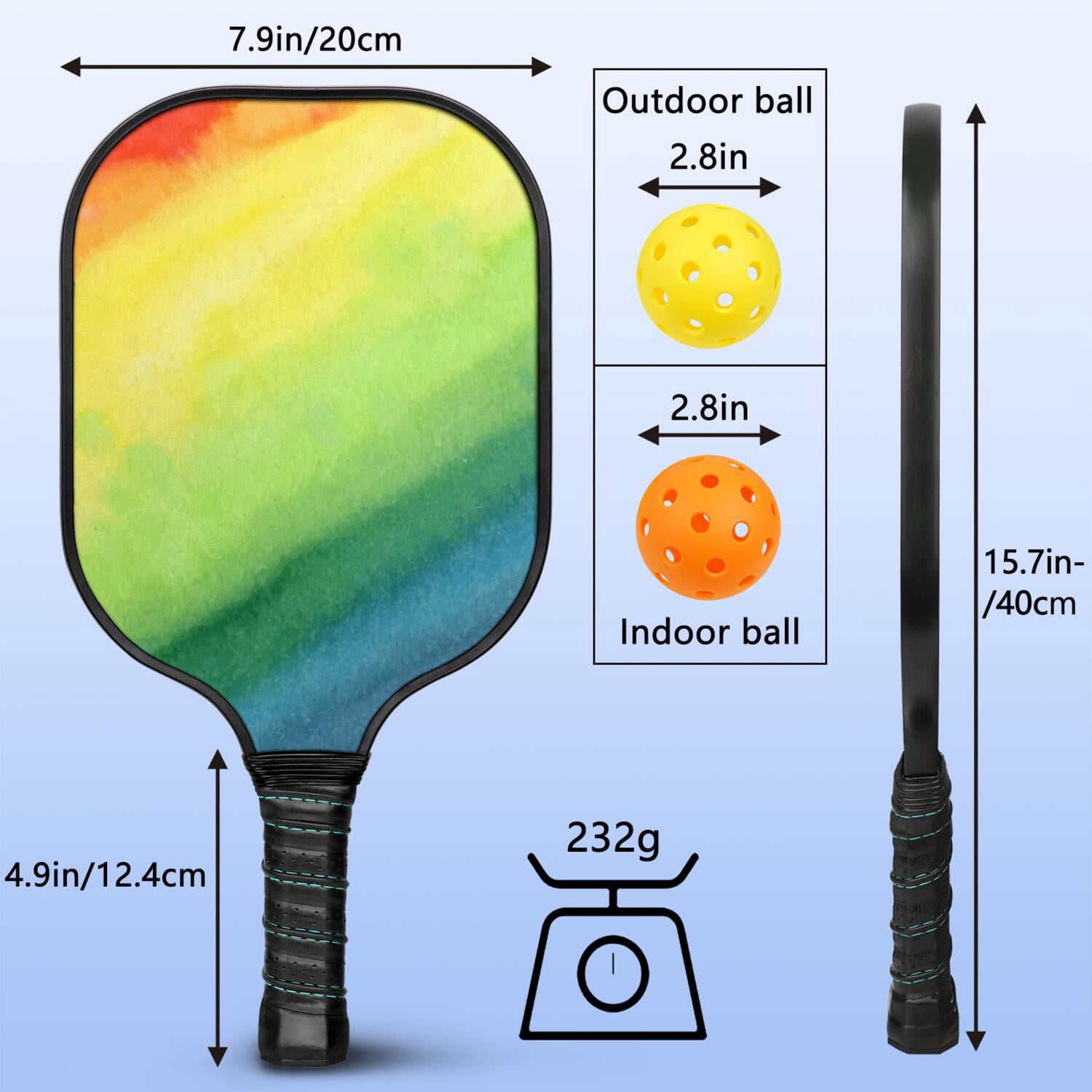 Pickleball Paddles Set Of 1, Fiberglass Surface, Vibrant Rainbow Print, 1 Paddle, 2 Balls & Bag