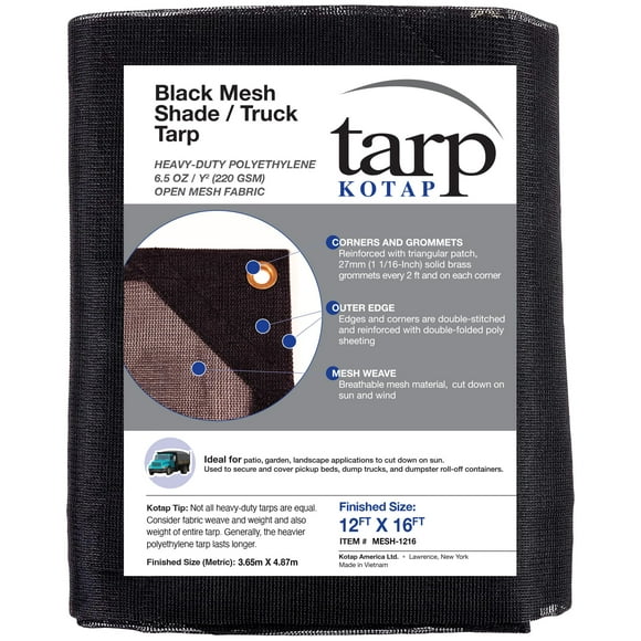 Kotap MESH-1216 Heavy-Duty Polyethylene Mesh Shade/Truck Tarp for Patio, Garden and Landscape Applications, 6.5-Ounce, 12 ft. X 16 ft, Black