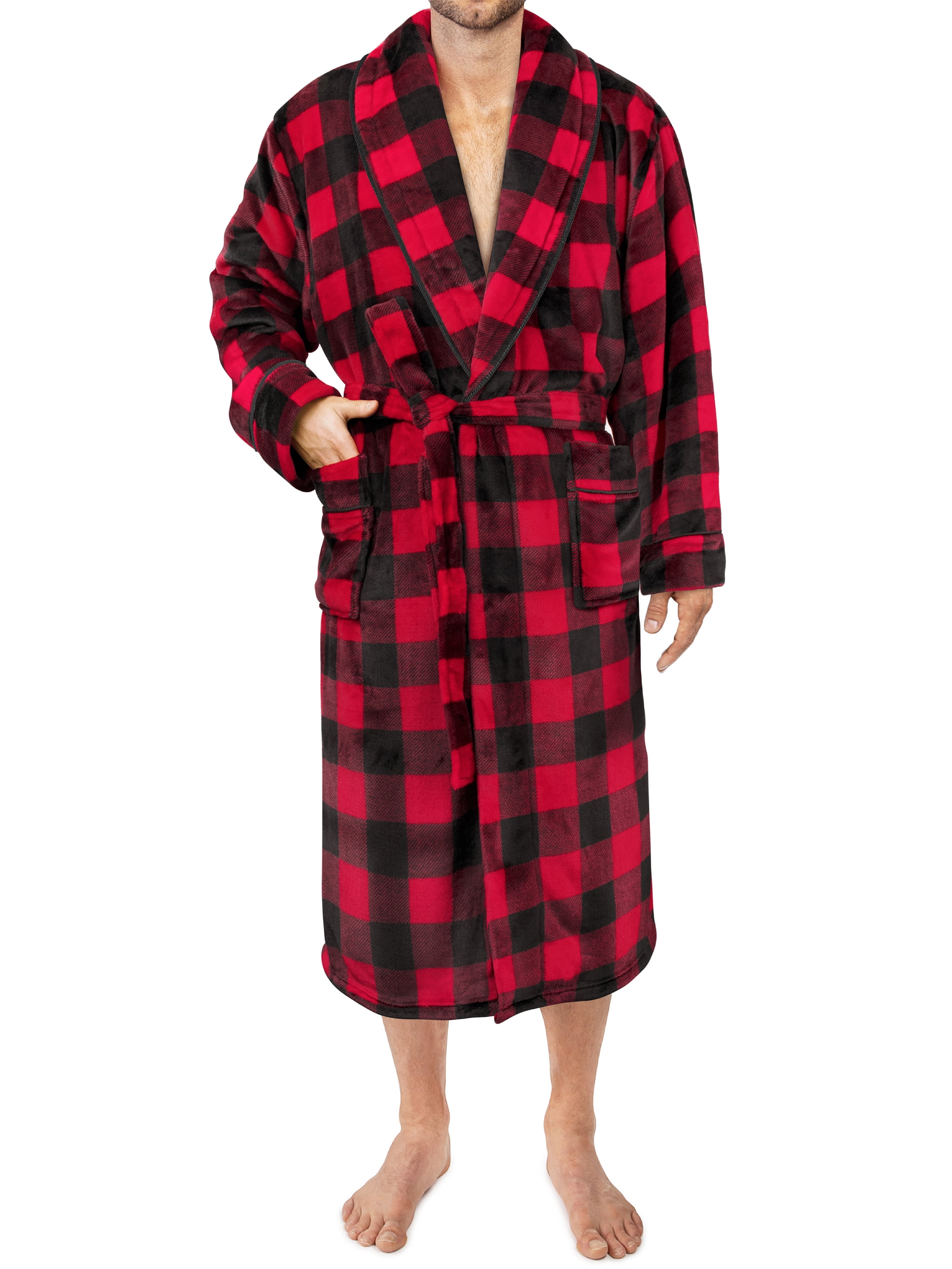 PAVILIA Mens Soft Robe, Plaid Red Warm Flannel Fleece Robes for Men