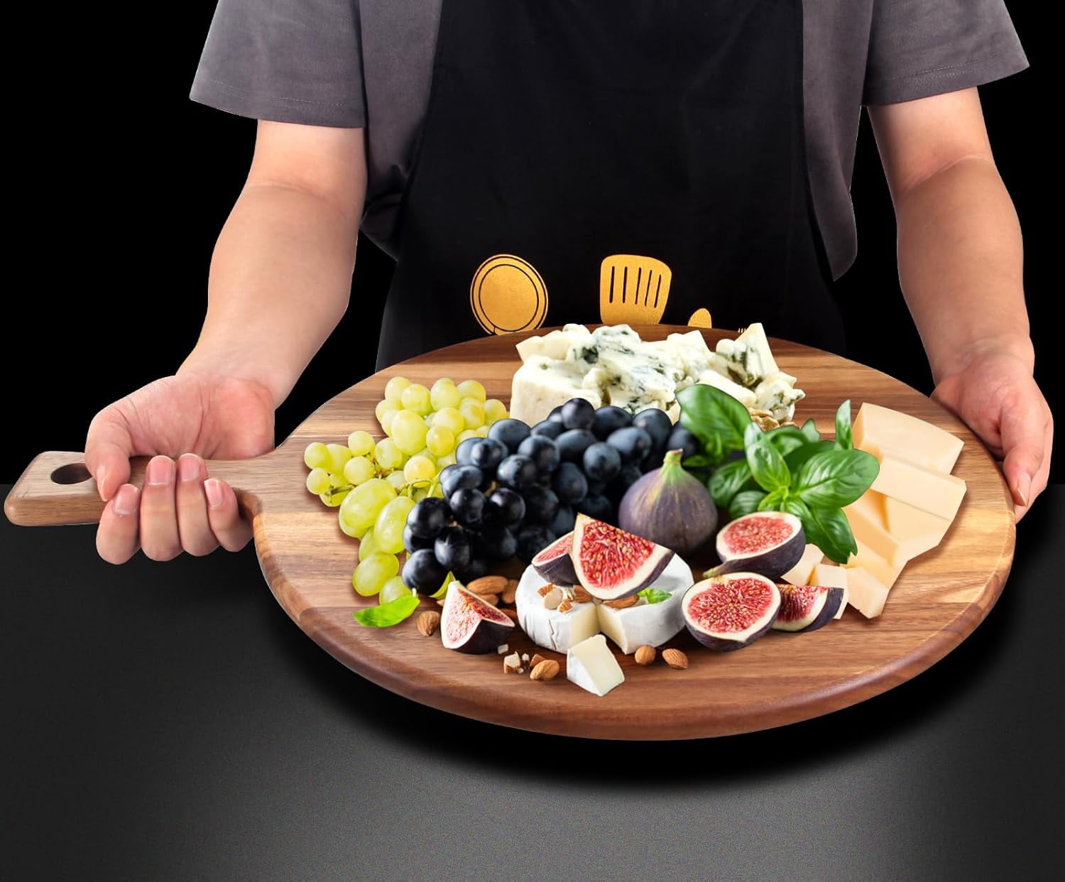 21"x16" XL Round Acacia Wood Cutting Board with Handle, Large Charcuterie Serving Platter for Meat, Cheese, Bread & Pizza