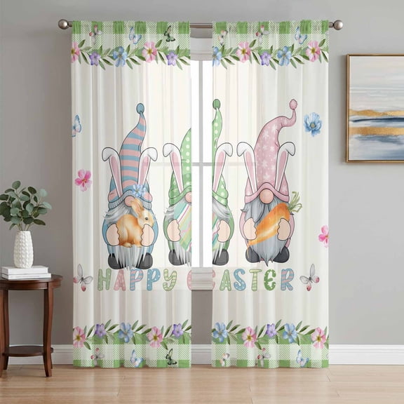 Easter Sheer Curtains 72 Inch Length 2 Panels Set Window Treatments, Spring Gnomes Floral Bunny Eggs Green Lattice Rod Pocket Semi Curtains for Living Room/Bedroom/Kitchen Décor, 104"W x 72"L