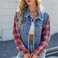 thumbnail image 4 of AUNVITO Women's Quilted Denim Jacket with Plaid Sleeves, Pockets, and Notched Collar for Autumn Winter Casual Outwear, 4 of 8