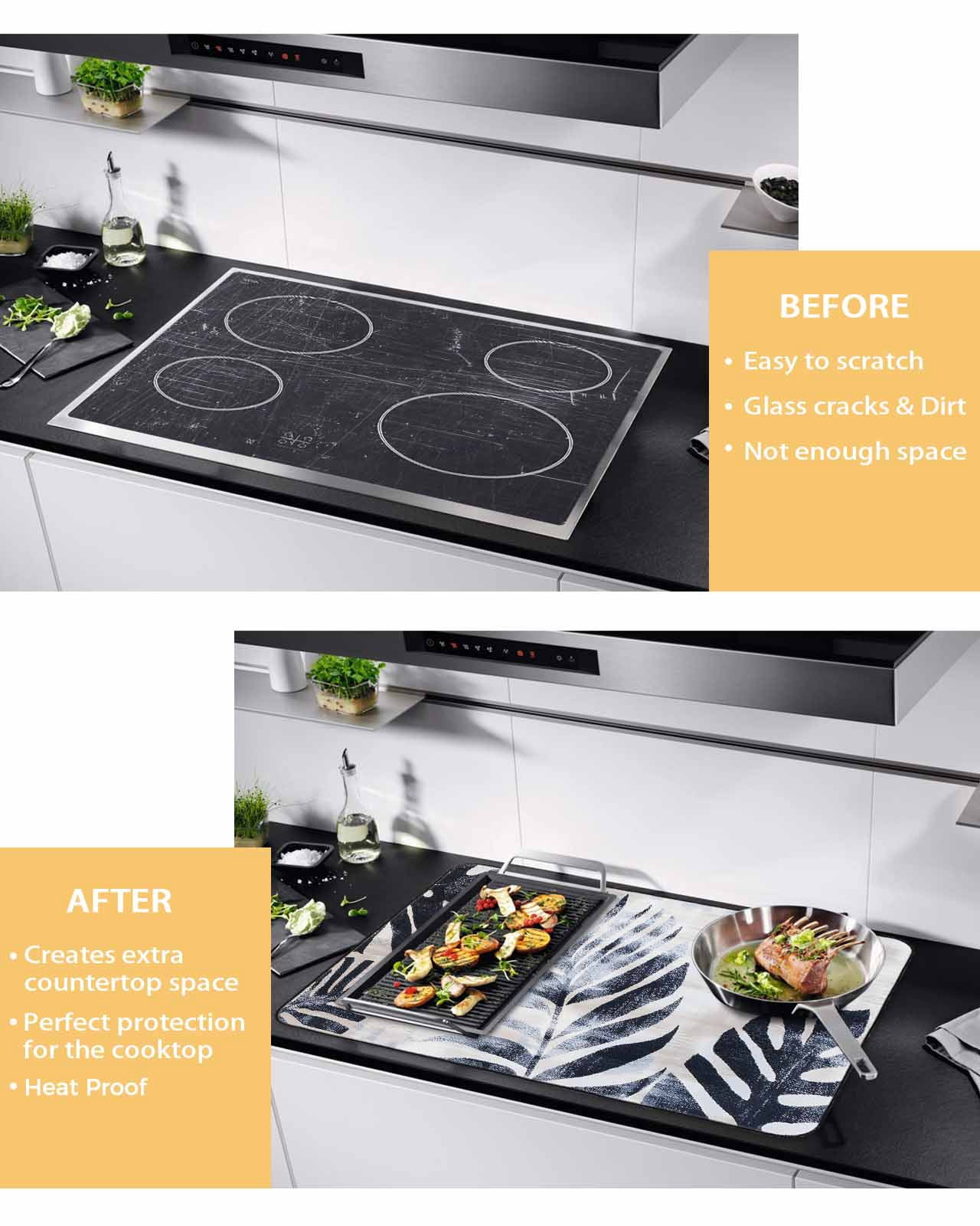 nqOlkjepod Large Induction Cooktop Protector Mat 36"x21", Navy Blue Palm Leaves Stove Top Covers for Electric Stove, Vintage Tropical Botanical Stove Burner Cover Mats, Glass Top Stove Cover