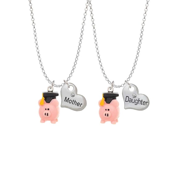 Delight Jewelry Resin Pink Pig Graduate Mother & Daughter Heart Necklaces (Set of 2), 19" 2"