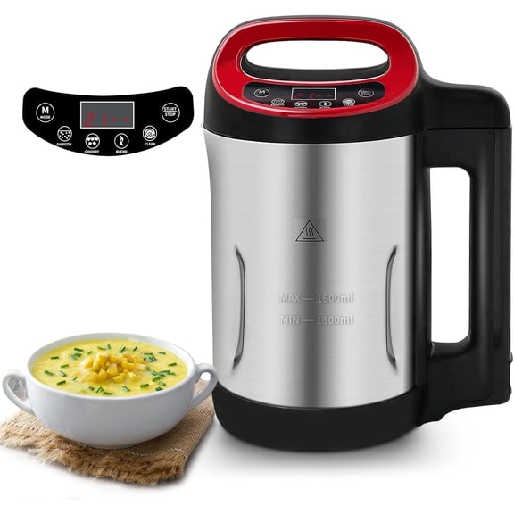 1.6 L 4-in-1 Multifunctional Milk Maker&Soup Maker with Smart Control Panel Stainless Steel Electric Hot Soup Maker 2-5 Servings Smart Living for Home Use (Red)