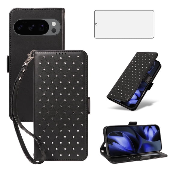 Asuwish Google Pixel 9 / Pixel 9 Pro Wallet Case, matte Leather Flip Cover with Wrist Strap, 3 Card Holder Slots, Kickstand & Shockproof – Black