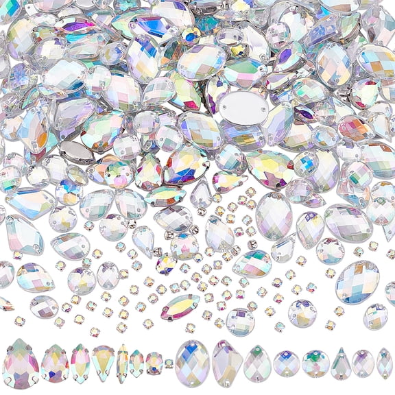 1box 362pcs Sew on Rhinestones 16 styles Acrylic Sewing Crystals Mixed Shape Flatback Gemstones Faceted Glass Rhinestone with Holes for DIY Art Crafts Clothes Costume Shoes bag Decoration
