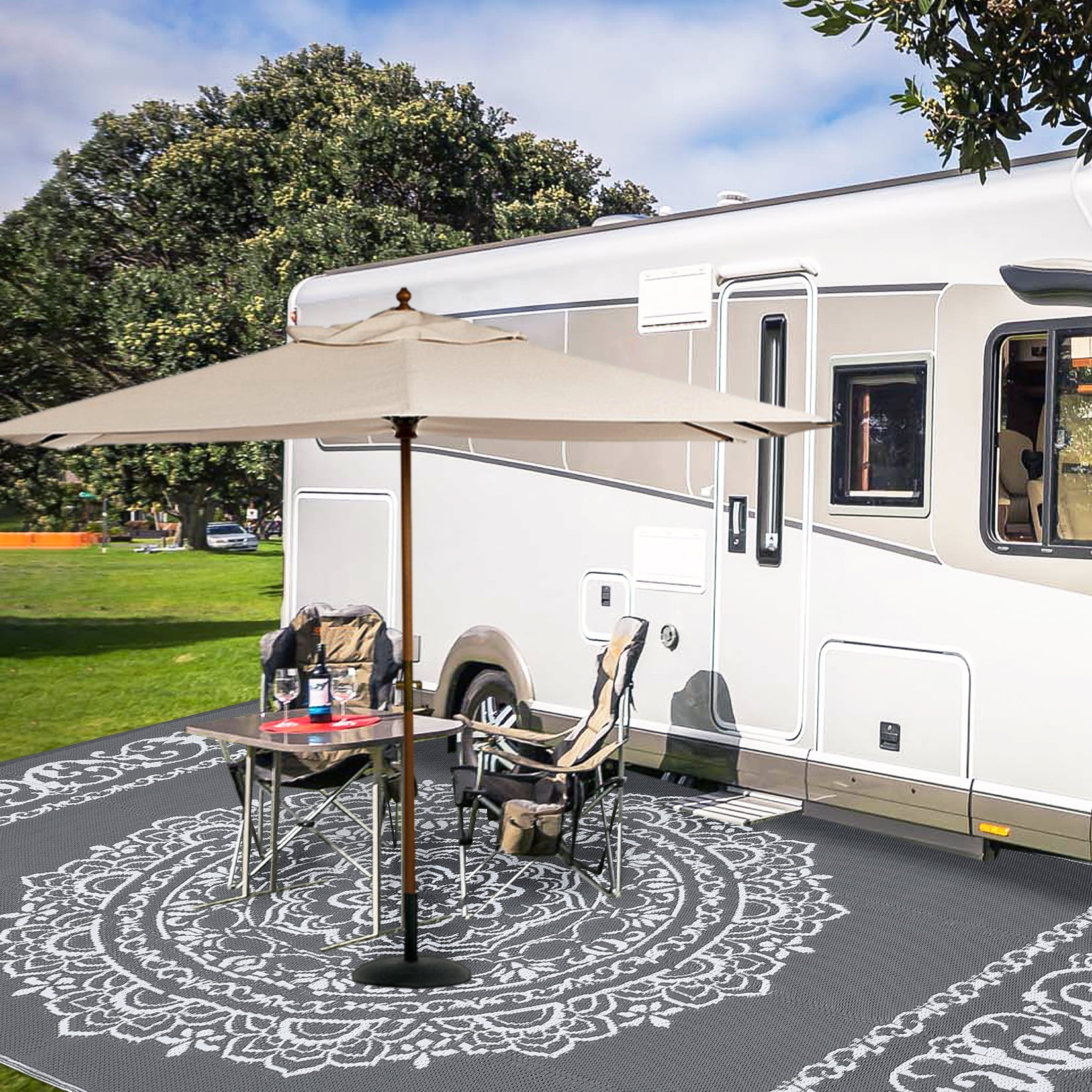 Gavee 5'x8' Boho Outdoor Rug, Waterproof Reversible Patio Area Rug Indoor Outdoor Carpet, Plastic Straw Rug RV Outdoor Mat for Camping Deck Balcony, Porch, Picnic, Gray and White