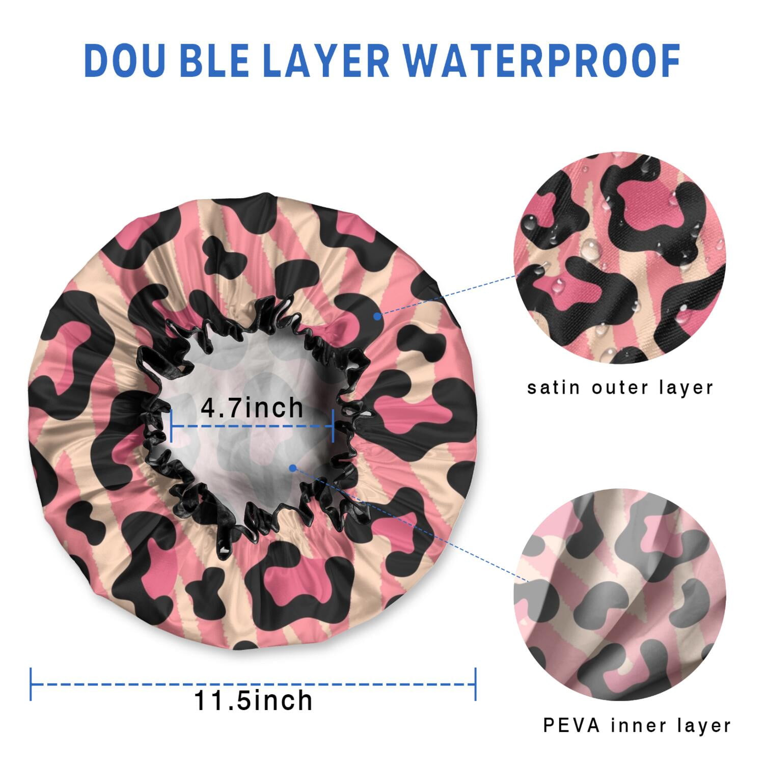 Shower Caps,Pink and Black Of Leopard Print Waterproof Shower Cap for Women 4 Pieces,Double Reusable Hair Cover for Shower PEVA Elastic Stretch Hem