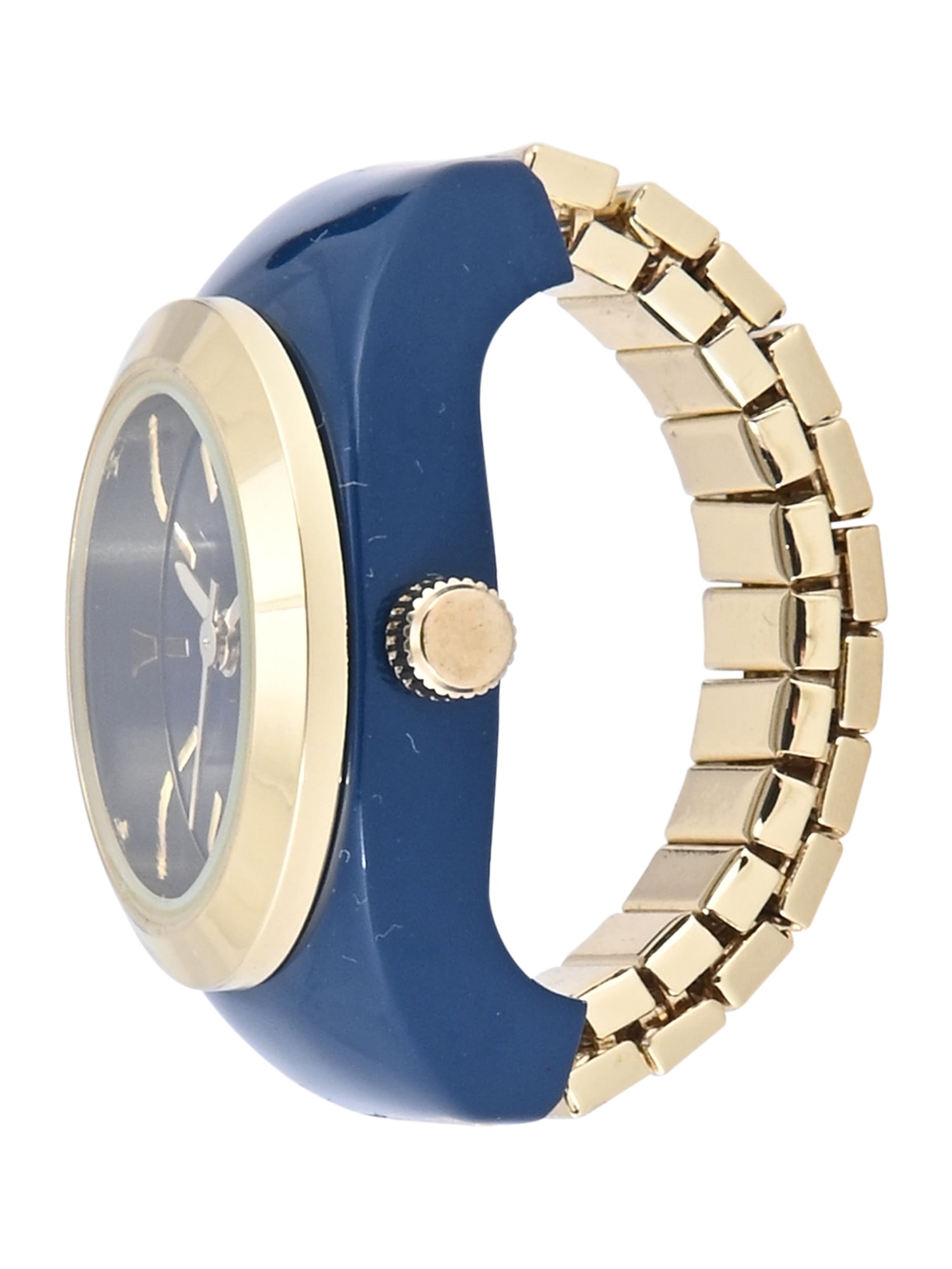 No Boundaries Adult Female Blue Enamel Round Case Ring Watch with Gold Bezel.