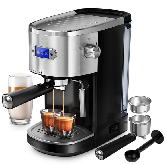 Kndko 20-Bar Semi-Automatic Espresso Machine, Milk Frother, 1.2L Removable Tank, Compatible with Grounds & Capsules, LCD Display, Stainless Steel, Black