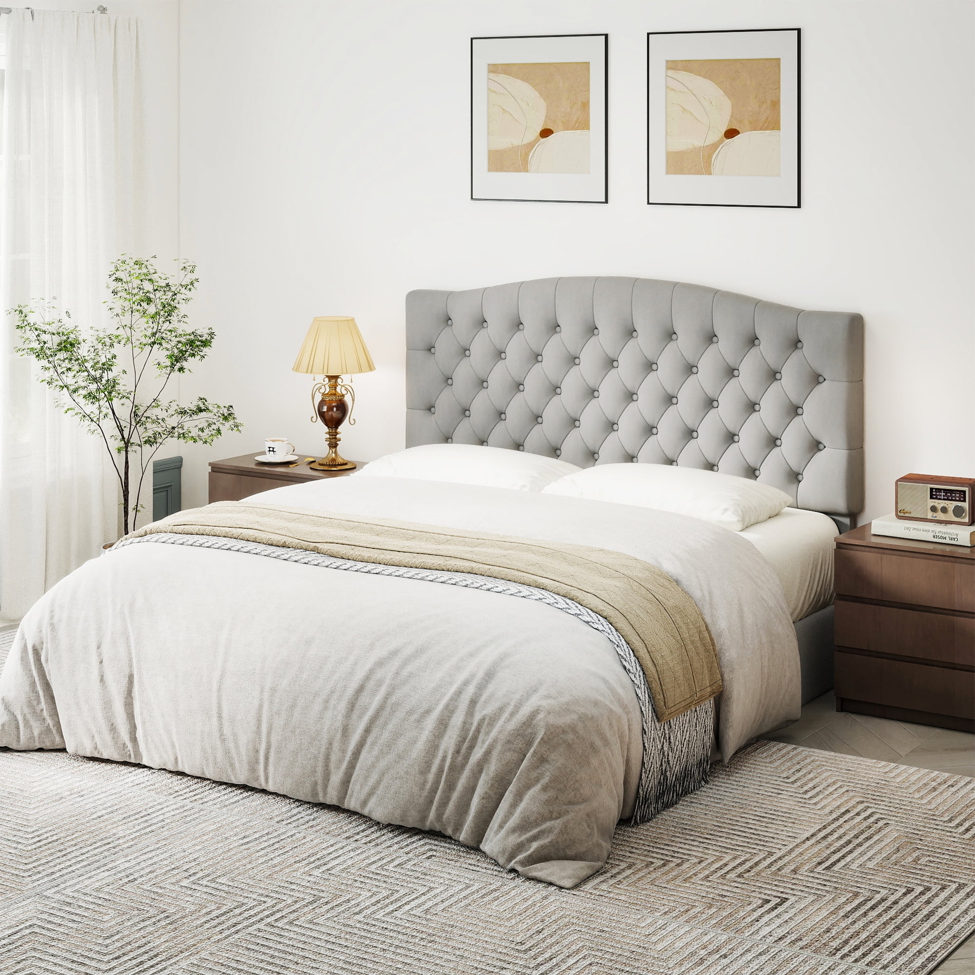 Queen Headboard Wall Mount & Bed Frame Compatible, Velvet Upholstered Button Tufted, Gray