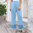 thumbnail image 4 of Womens Cotton Linen High Waist Wide Leg Pants for Summer Casual Palazzo Trousers Lightweight Lace Lounge Pants with Pockets Sky Blue L(L), 4 of 5