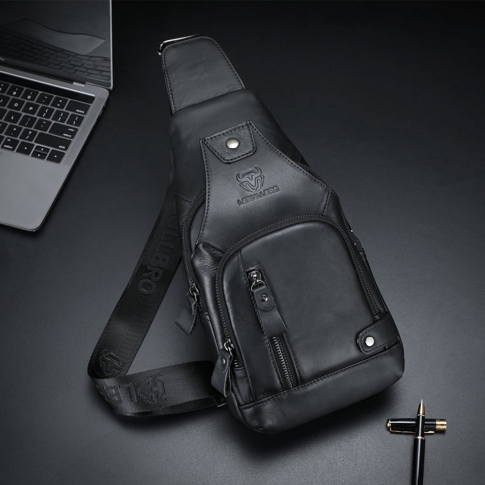 LEBULLBRO Sling Bag for Men Genuine Leather Chest Bag Crossbody Backpack Travel Hiking Outdoor Sports Black