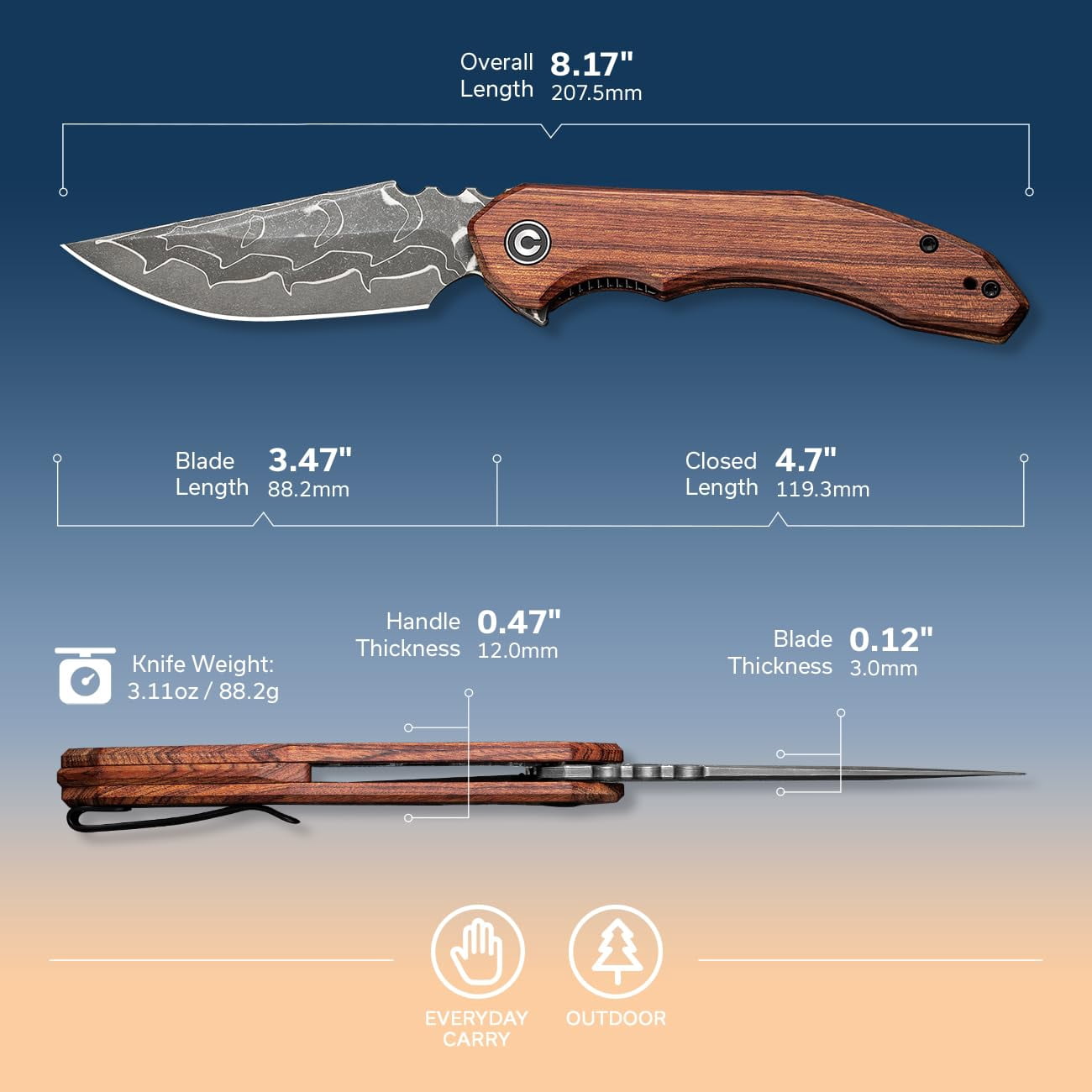 CIVIVI Bluetick Folding Pocket Knife with 3.47" Damascus Blade Guibourtia Wood Handle C23050-DS1